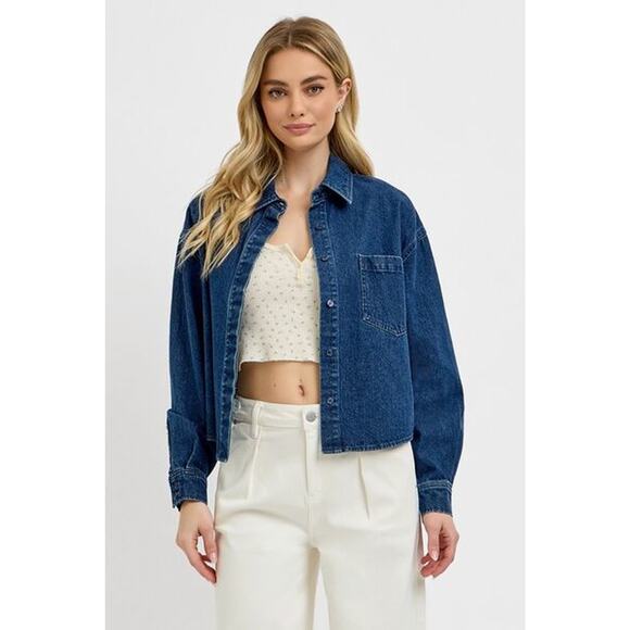 RISEN Hidden Button Up Long Sleeves Chest Pocket Dark Wash Denim Shacket - Picture 2 of 5